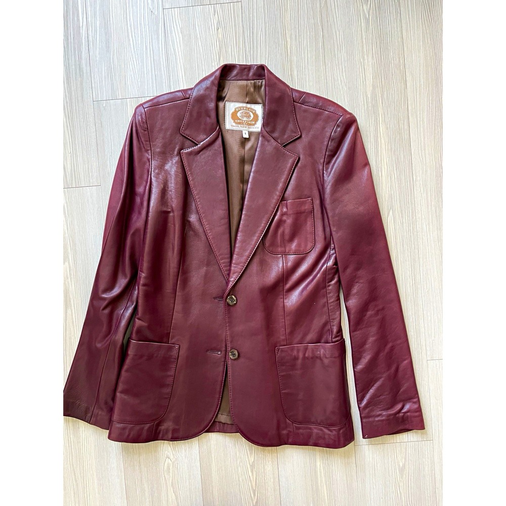 Overland Sheepskin Co. Women's Leather Burgundy Button Blazer Jacket Sz 8 Chic